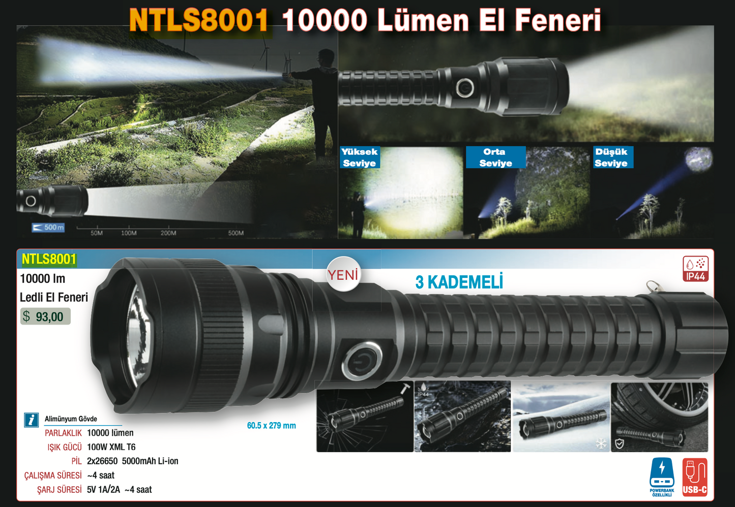 10.000 Lümen COB Ledli El Feneri