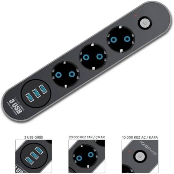 3Lü Priz 3 USB Girişli 2mt