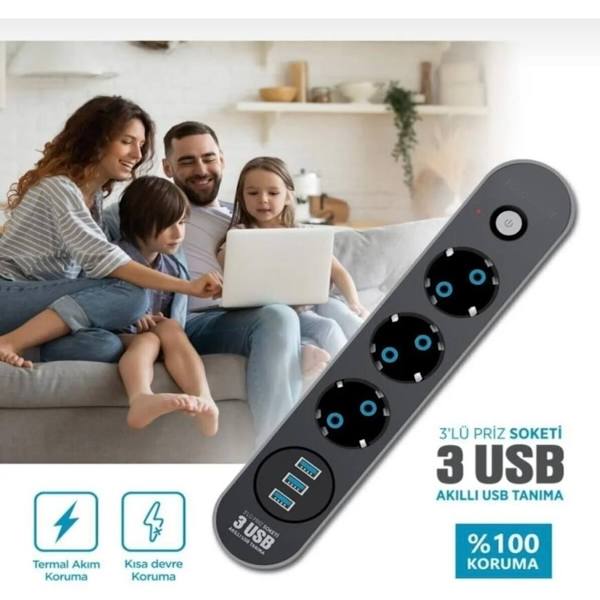3Lü Priz 3 USB Girişli 2mt