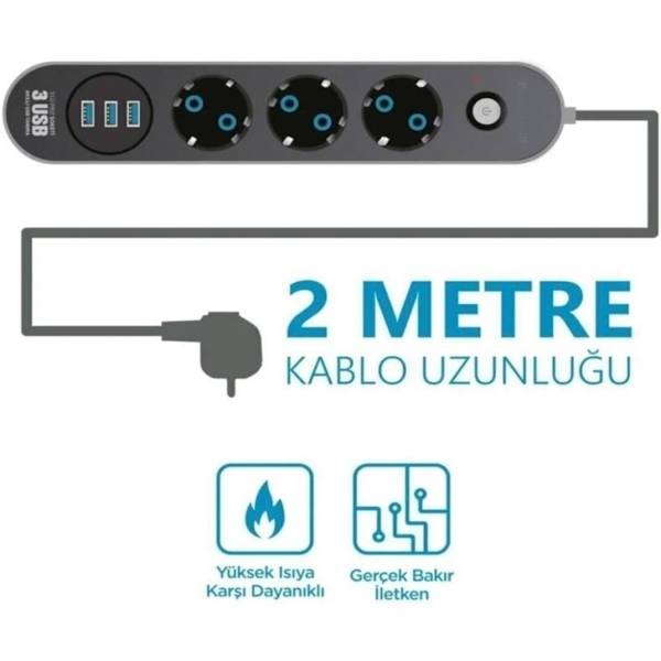 3Lü Priz 3 USB Girişli 2mt